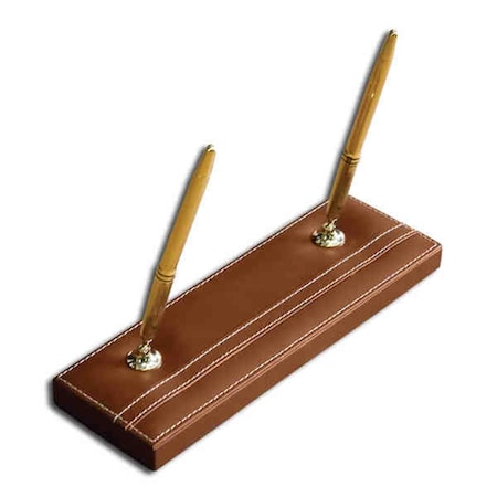 Made-To-Order Rustic Brown Leather Double Pen Stand gold trim MA271832